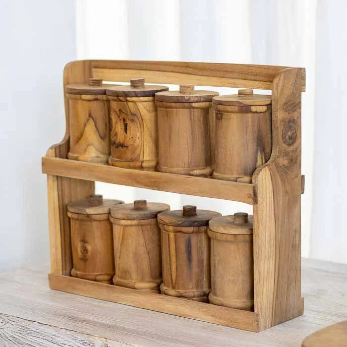 Organizador de condimentos de Bali em madeira rústica para bancada de cozinha.