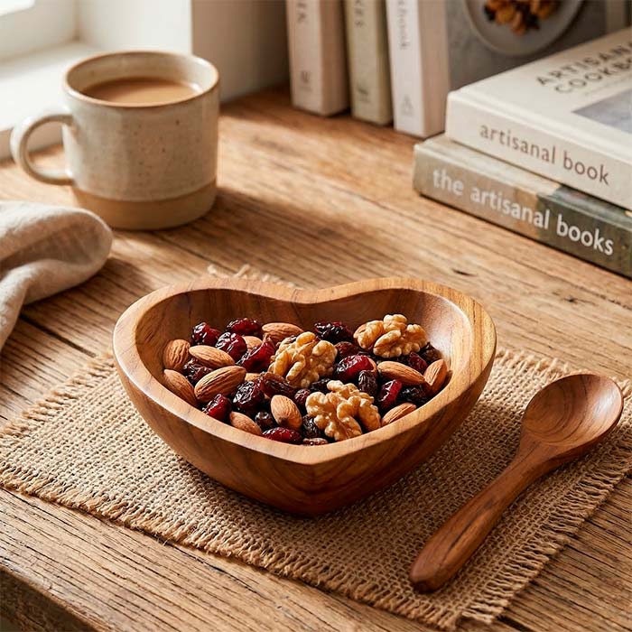 Bowl raso em formato de coração esculpido em madeira teca clara com veios naturais aparentes.