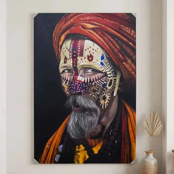 Obra em tela balinesa artesanal com figura de sadhu indiano.