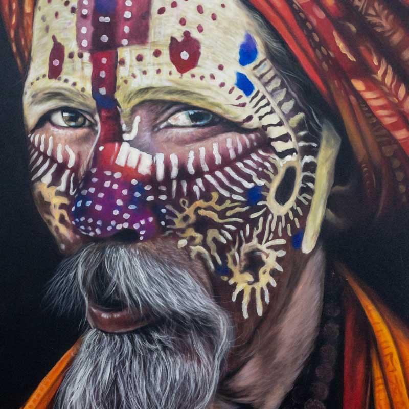 Pintura colorida sadhu indiano em tela artesanal balinesa. 