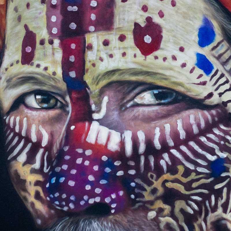 Quadro espiritual balinês com sadhu indiano em cores intensas. 