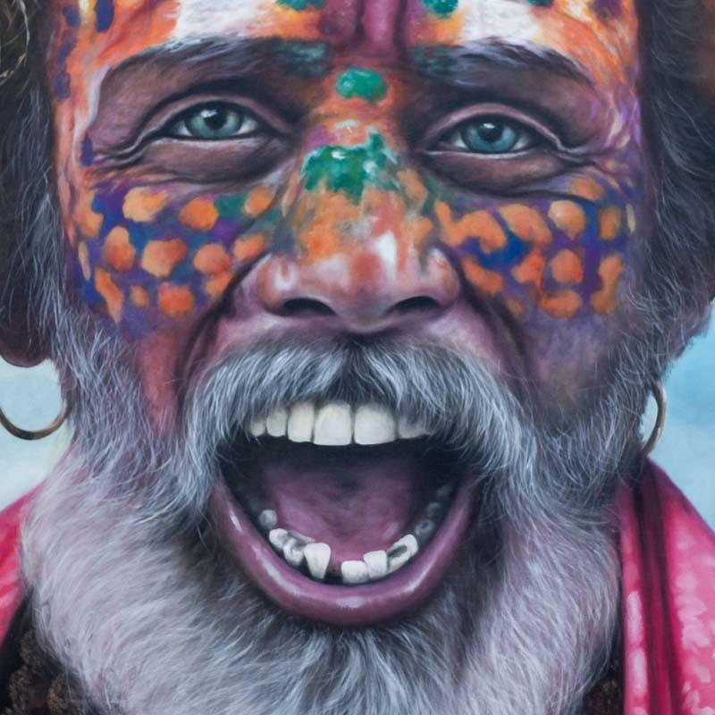 Arte em tela balinesa colorida representando sadhu indiano. 