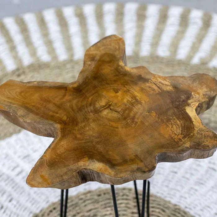 Mesa orgânica de teca com veios mesclados e design irregular ideal para ambientes que destacam elementos naturais.