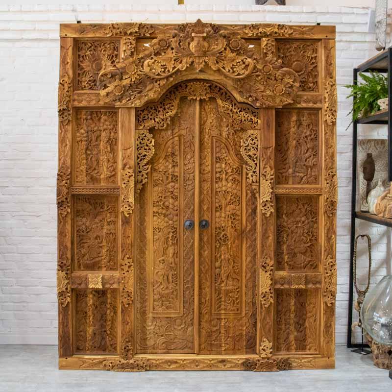 porta entalhada madeira suar bali entalhos artesanato deuses hindus entrada portal durabilidade decoracao casa loja artesintonia 01