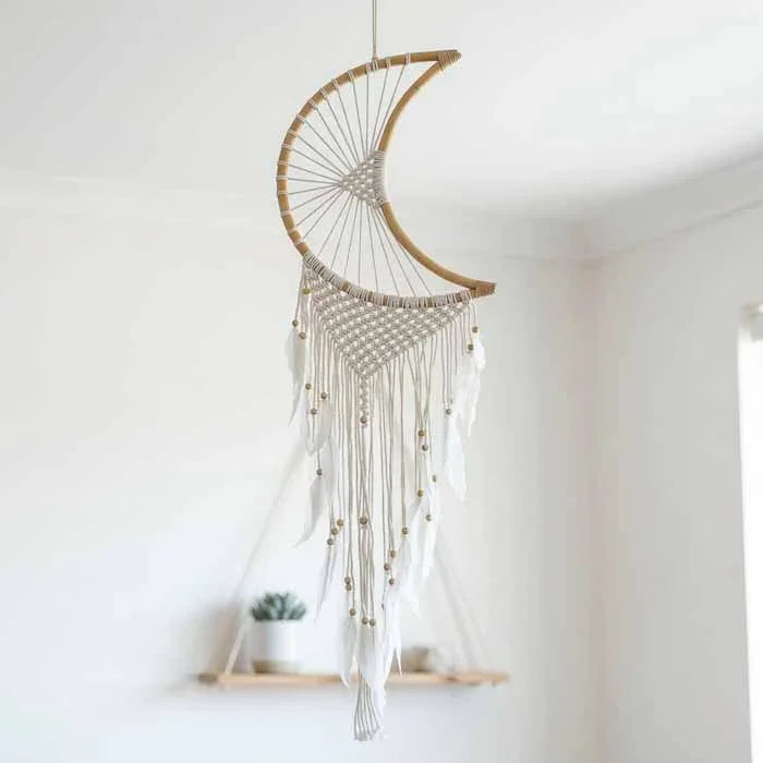 Filtro dos sonhos lua em macramê artesanal de Bali estilo boho.