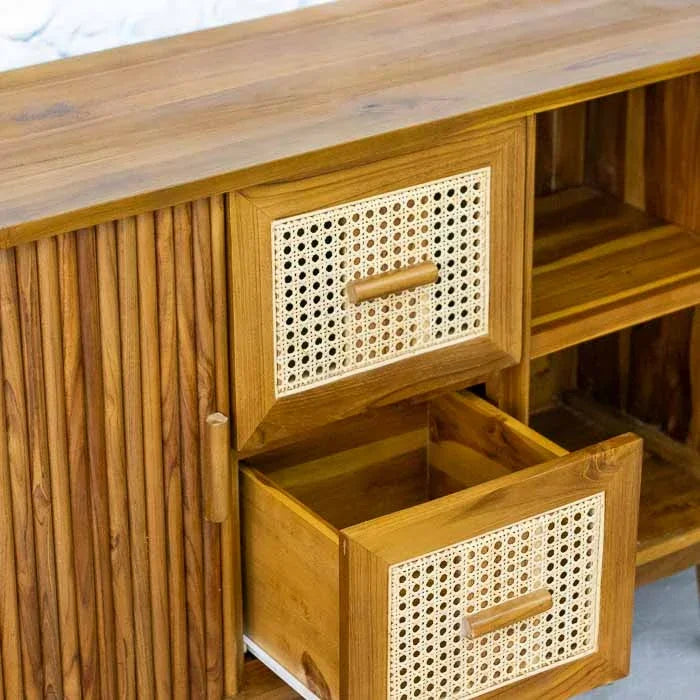 Balcão buffet de madeira nobre maciça Teca com extremidades arredondadas e design mid-century balinês.