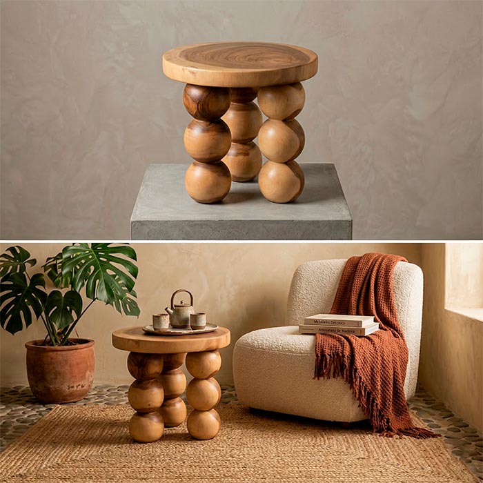 Mesa de centro artesanal em madeira teca com base formada por colunas de esferas sobrepostas.