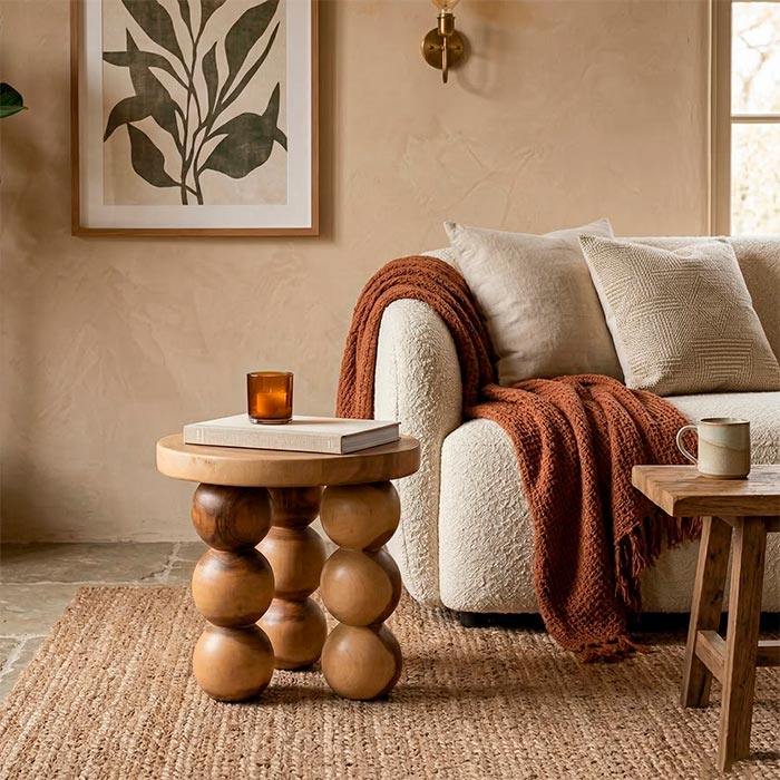 Mesa lateral escultural de Bali posicionada sobre base de concreto em ambiente de decoração clean.