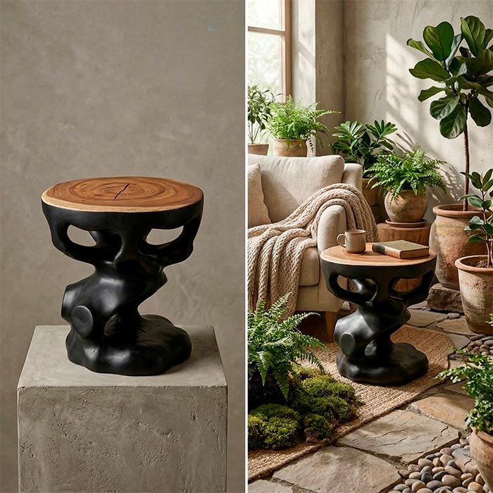 Móvel de luxo rústico em madeira nobre esculpida à mão com contraste bicolor. 