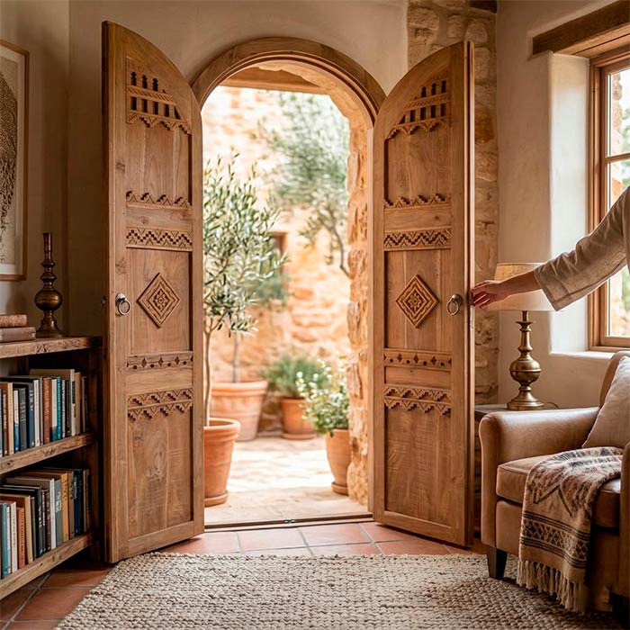 Painel frontal de porta balinesa em madeira clara evidenciando os veios orgânicos da teca.