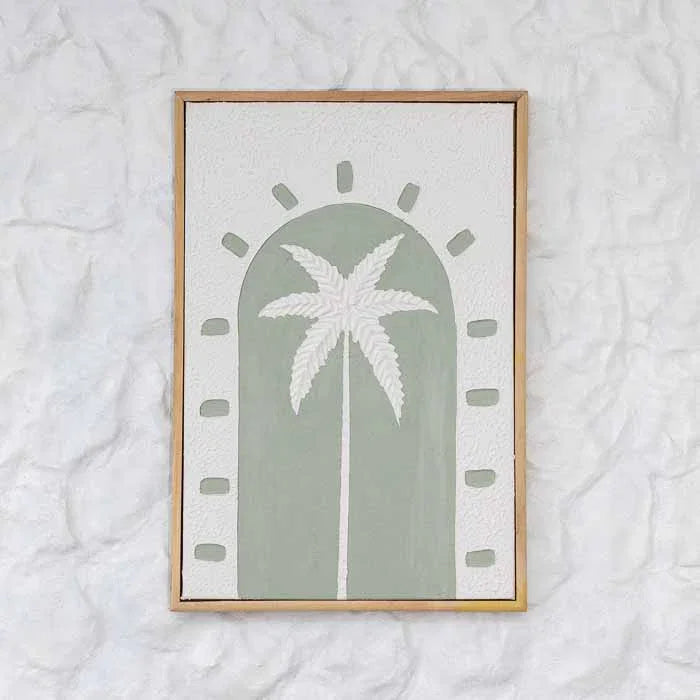 Quadro artesanal de Bali com palmeira tropical branca em alto-relevo sobre fundo verde.