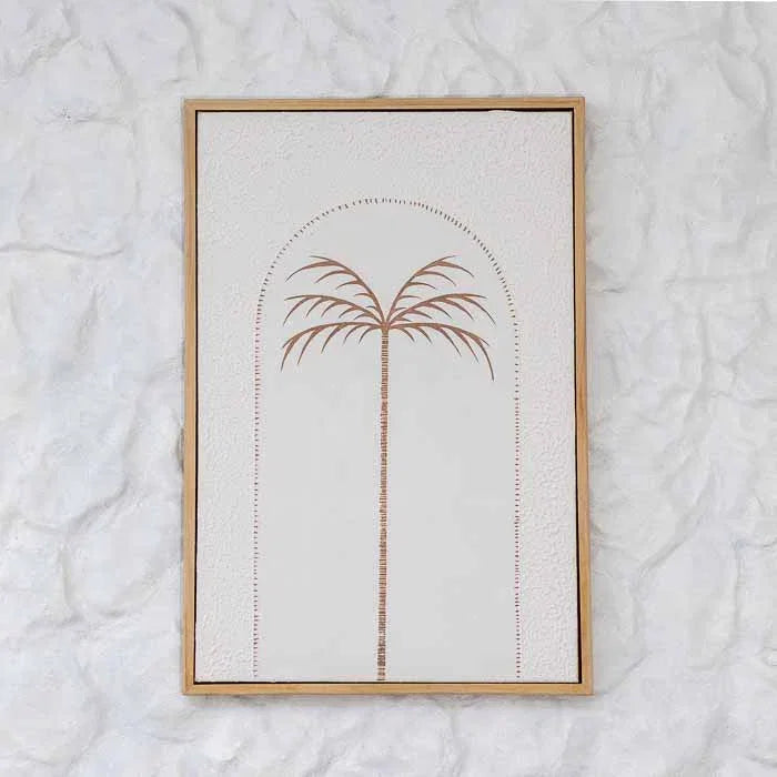 Quadro decorativo minimalista com palmeira marrom e textura em relevo na tela. 