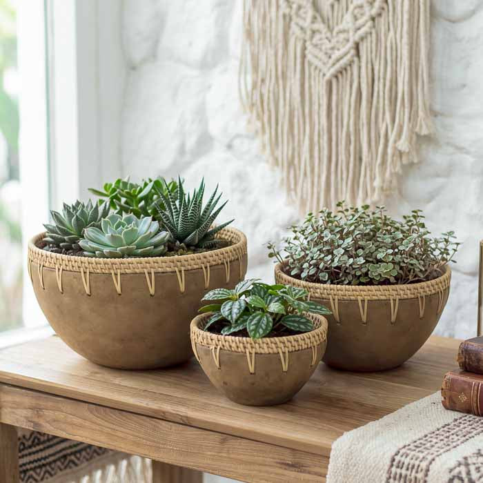 Cachepots artesanais rústicos em terracota com borda de rattan natural de Bali em três tamanhos sobre mesa.