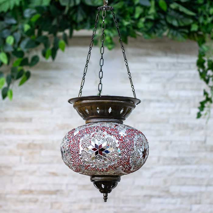 Luminária pendente artesanal de Mosaico Turco, com cúpula de vidro.