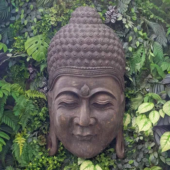 Escultura artesanal da máscara de Buda em madeira escura entalhada à mão sobre fundo de folhagens verdes.