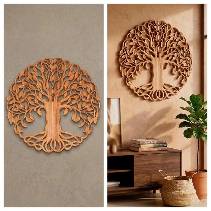 Mandala de madeira maciça de 100cm destacando as raízes e folhas esculpidas à mão.