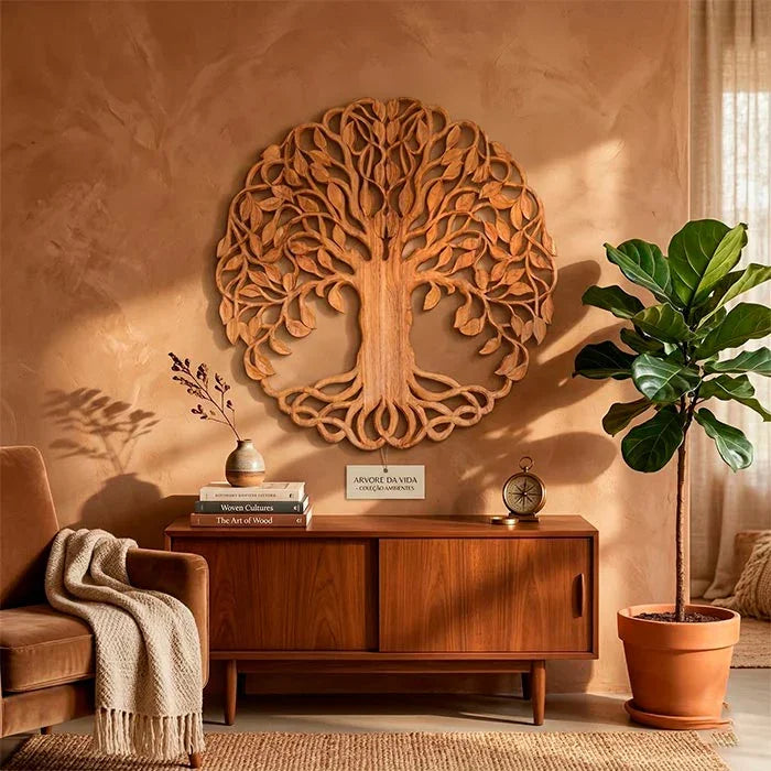 Painel decorativo balinês em madeira natural com acabamento em tons de mel e castanho.