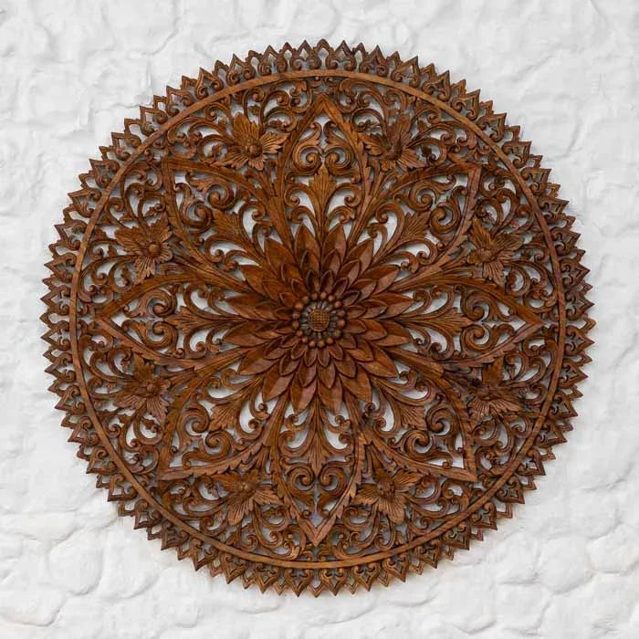 mandala entalhada floral decor madeira suar parede bali indonesia artesintonia 1 