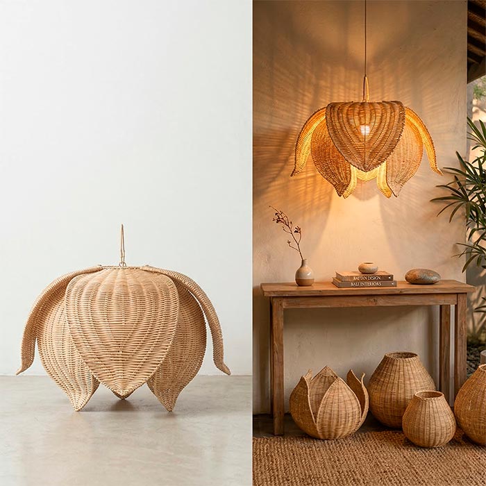 Lustre artesanal de Bali em formato floral orgânico para iluminação de mesa de jantar.