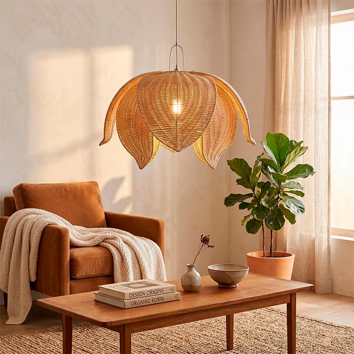 Luminária pendente pequena de 50cm posicionada sobre móvel de madeira clara.