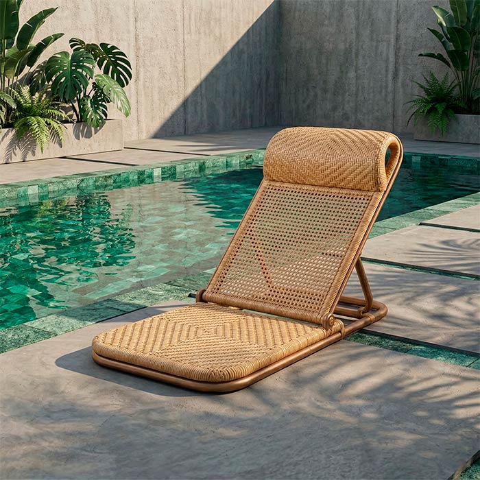 Cadeira de descanso portátil em rattan claro ideal para leitura e relaxamento próximo ao solo.