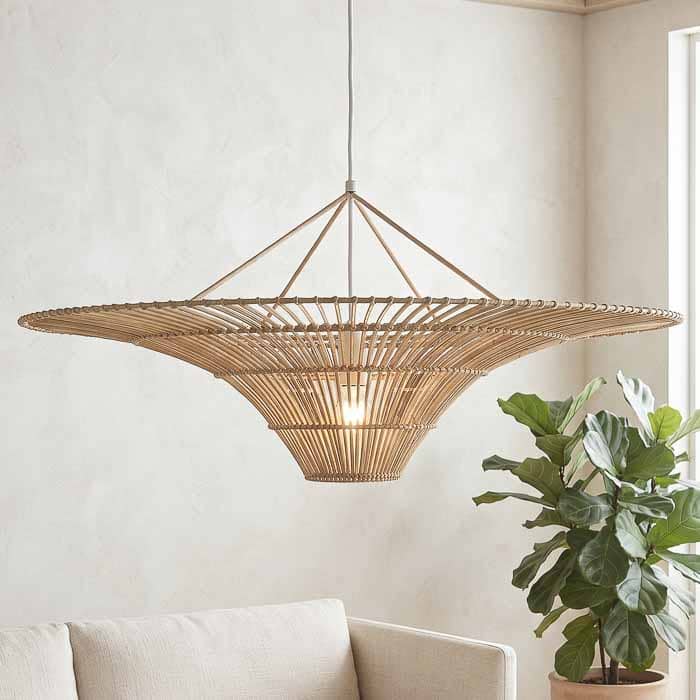 Luminária de teto Surya tramada à mão em rattan natural de Bali com formato radial amplo suspensa na sala.