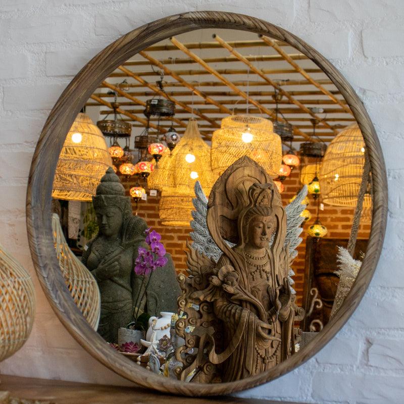 espelho decorativo parede madeira redondo moldura casa sala wood frame mirror 01