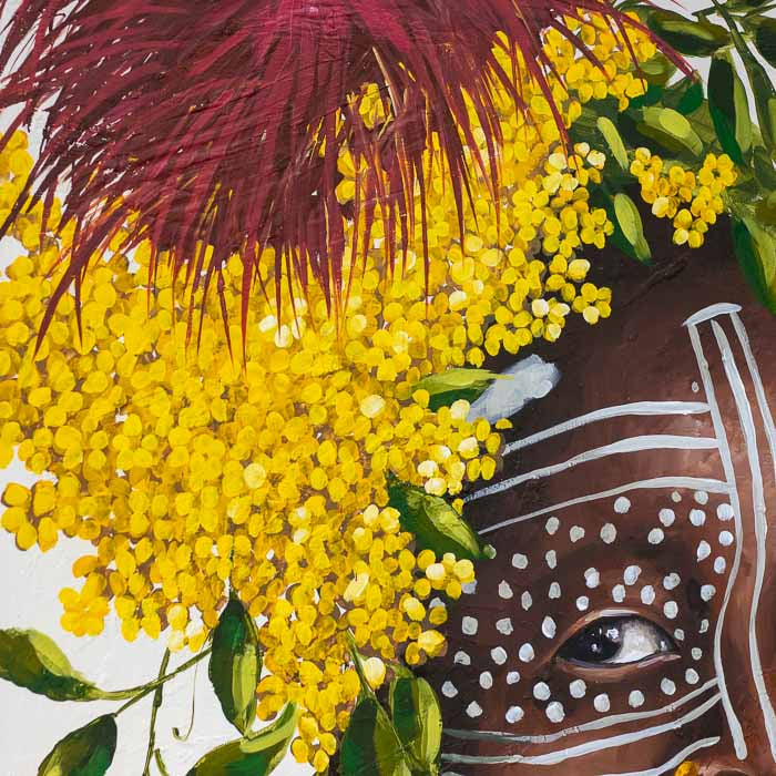 Pintura autoral contemporânea em tela quadrada de 140x140cm retratando mulher negra em detalhes tribais.