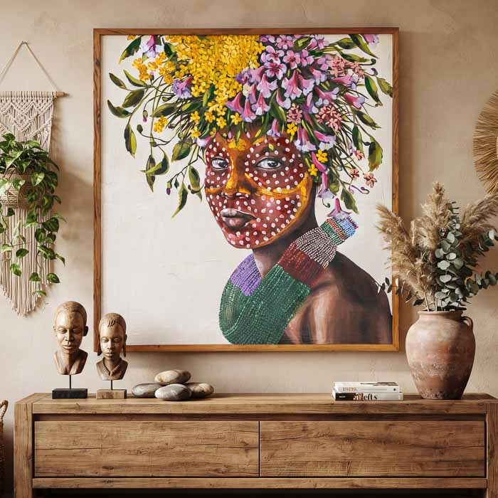 Objeto de arte de parede com expressão marcante de mulher africana assinada por artistas de Búzios.
