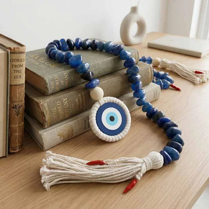 Amuleto de mesa estilo colar decorativo longo com medalhão de olho grego em pedra quartzo azul.
