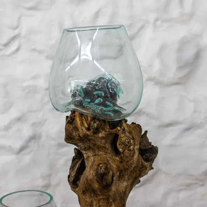 Escultura decorativa de chão e mesa com dois vasos de vidro soprado transparente fundidos em raiz de Teca. 