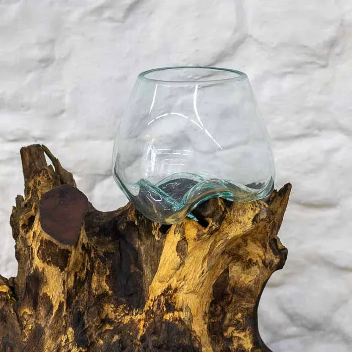 Vaso terrário duplo de mesa em vidro e madeira Teca para decoração de aparadores, halls e salas de estar. 