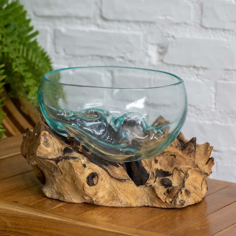 vaso bowl fruteira vidro madeira teca teka tronco arte decorativa decoração decor utilitária utilitário bali balinesa balines indonesia wood glass home house lar casa ambiente plantas flores planta flor artesão artesanato