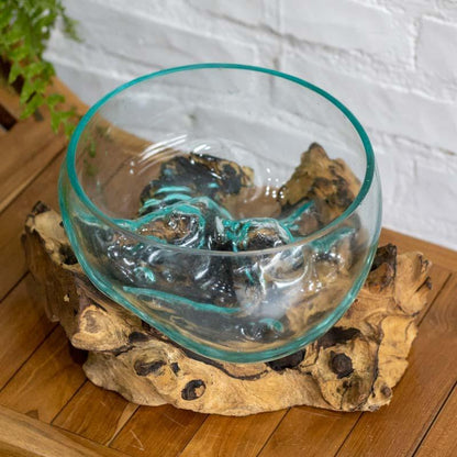 vaso bowl fruteira vidro madeira teca teka tronco arte decorativa decoração decor utilitária utilitário bali balinesa balines indonesia wood glass home house lar casa ambiente plantas flores planta flor artesão artesanato