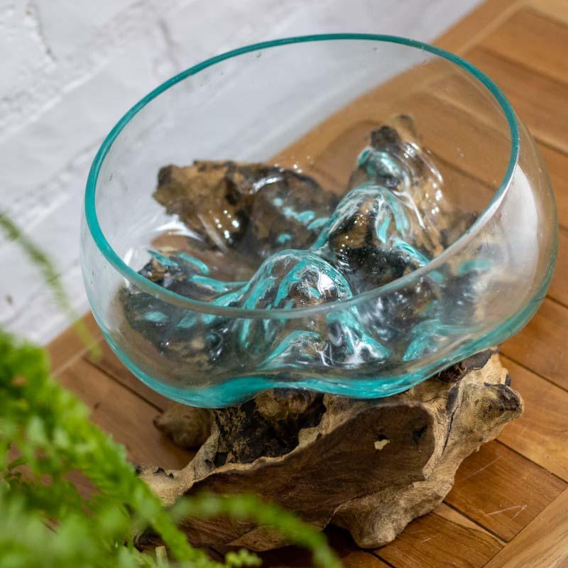 vaso bowl fruteira vidro madeira teca teka tronco arte decorativa decoração decor utilitária utilitário bali balinesa balines indonesia wood glass home house lar casa ambiente plantas flores planta flor artesão artesanato