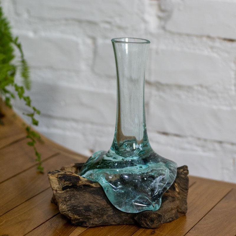 vidro madeira teca teka tronco arte decorativa decoração decor utilitária utilitário bali balinesa balines indonesia wood glass home house lar casa ambiente plantas flores planta flor artesão artesanato vaso