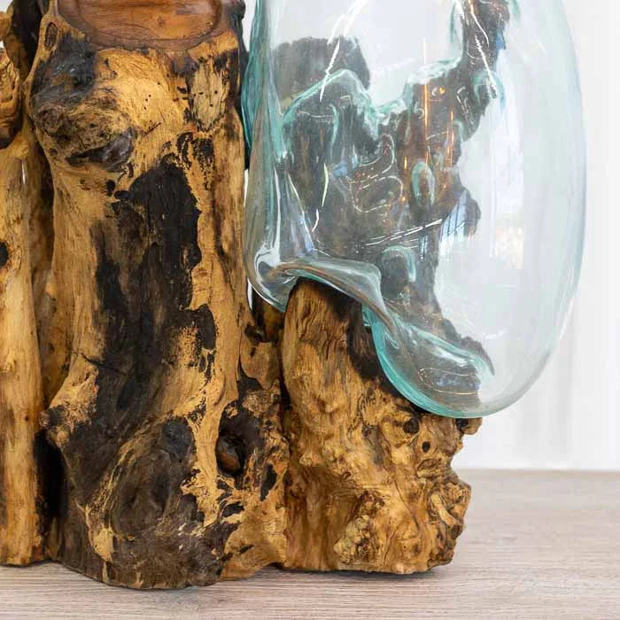 Luminária zen de Bali com base de madeira natural recuperada e vaso de vidro para terrário. 