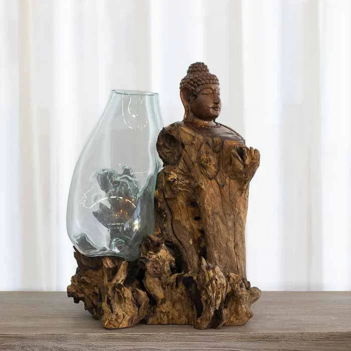 Terrário zen de Bali com design orgânico unindo madeira entalhada e vidro soprado manual. #modelo_mod06