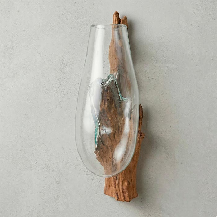 Vaso de parede escultural para plantas hidropônicas em ambiente de decoração contemporânea.