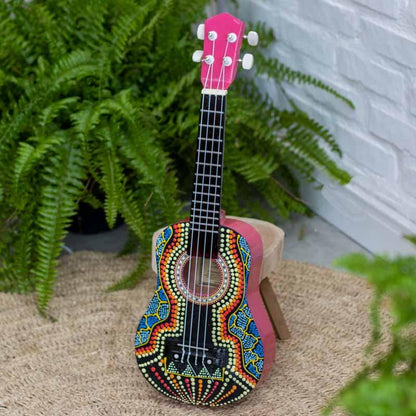 ukulele aborigene artesanato pintura madeira bali instrumento musical som ritmo musica melodia tocar cultura loja artesintonia 10
