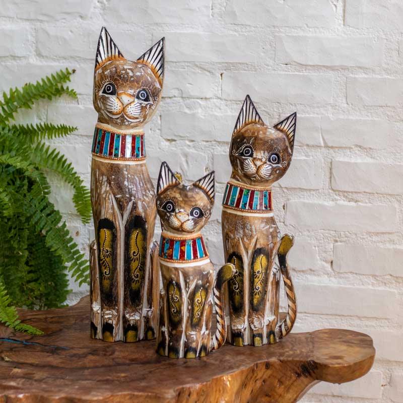 gatos madeira entalhados bali trio gatinhos mosaico indianos indonesia decoracao balinesa 1