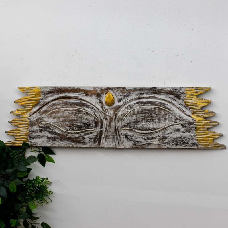 Painel madeira entalhada artesanal com Olhos de Buda. 