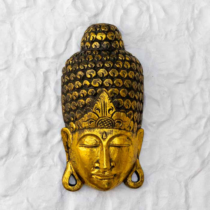 Máscara Buda Face dourada entalhada em madeira artesanal de Bali.