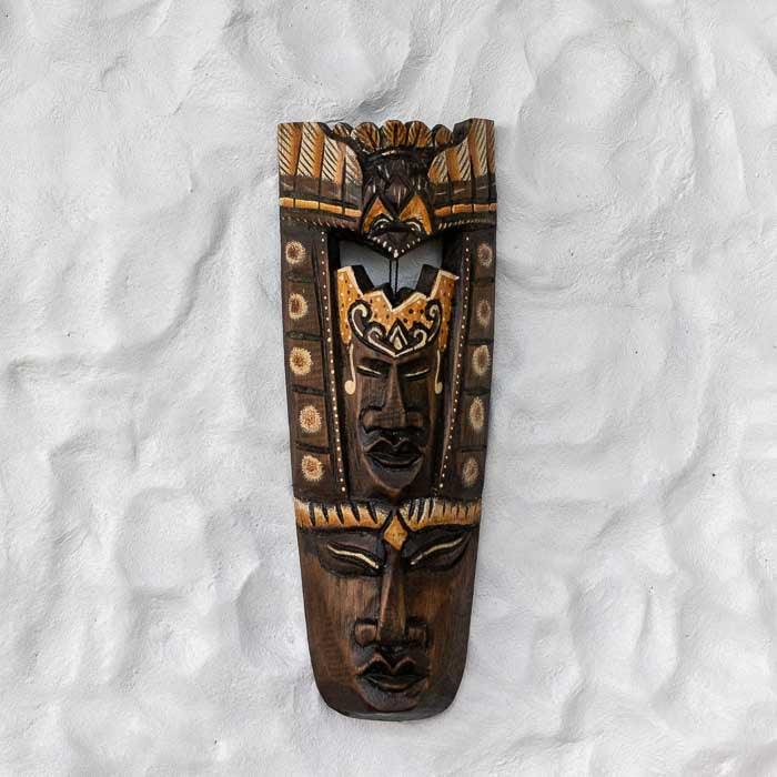 Máscara Duas Faces artesanal entalhada à mão em madeira de Bali.