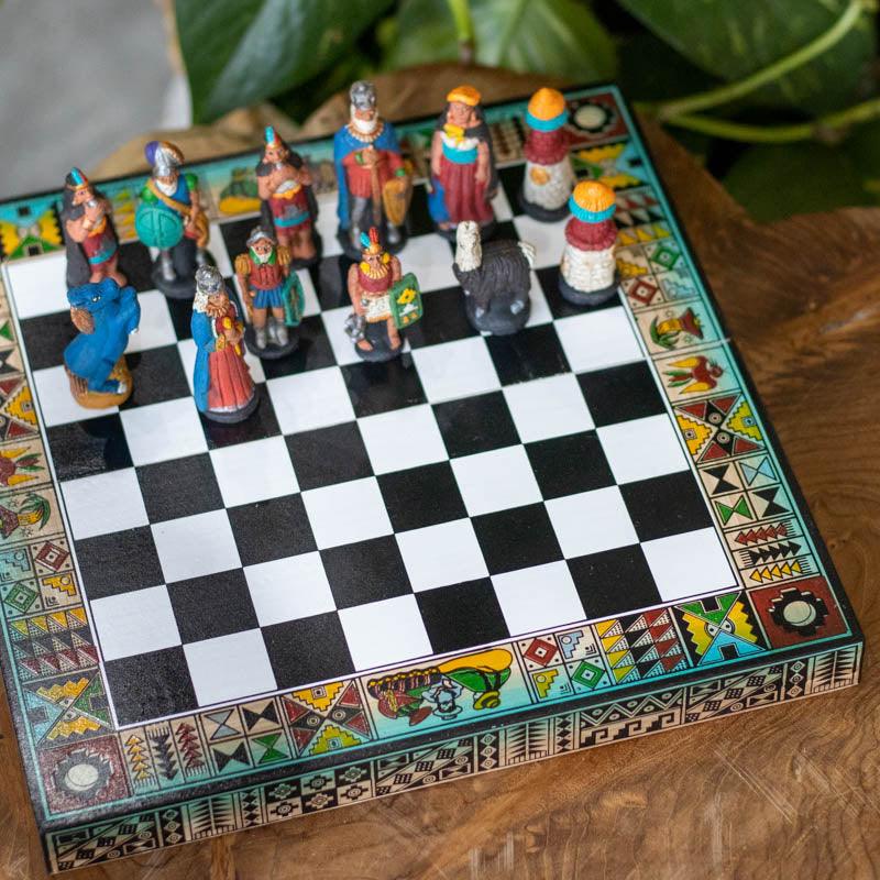 jogo xadrez ceramica madeira peru inca etnico tabuleiro pecas artesintonia play chess 01
