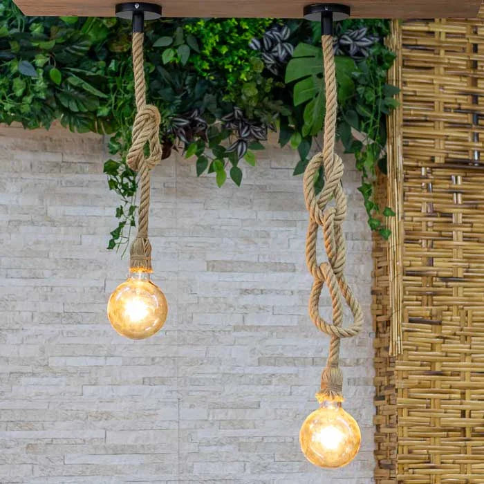 Luminária pendente em corda natural com design artesanal balinês