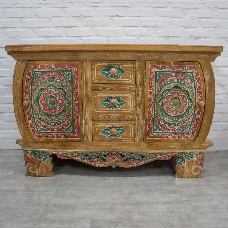 móvel madeira aparador buffet entalhe pintado flores mandalas handmade arte decorativa balinesa indonésia sideboard wood decoration loja artesintonia comprar 