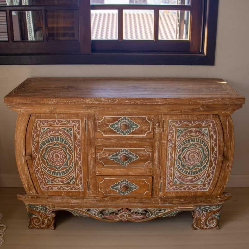 móvel madeira aparador buffet renovado pintado flores mandalas artesanal arte decorativa balinesa indonésia aparador decoração em madeira loja artesintonia comprar