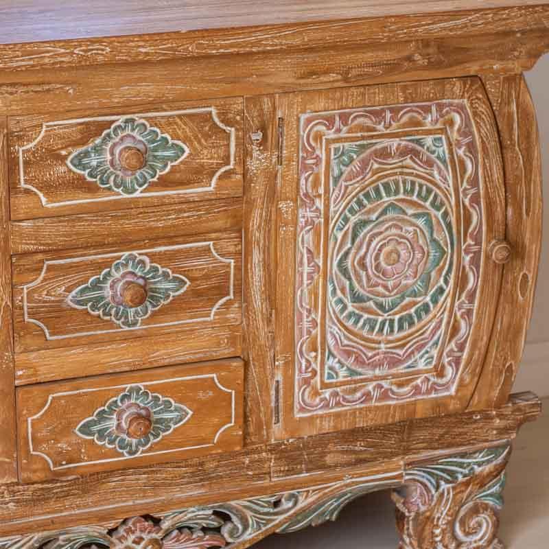 móvel madeira aparador buffet renovado pintado flores mandalas artesanal arte decorativa balinesa indonésia aparador decoração em madeira loja artesintonia comprar