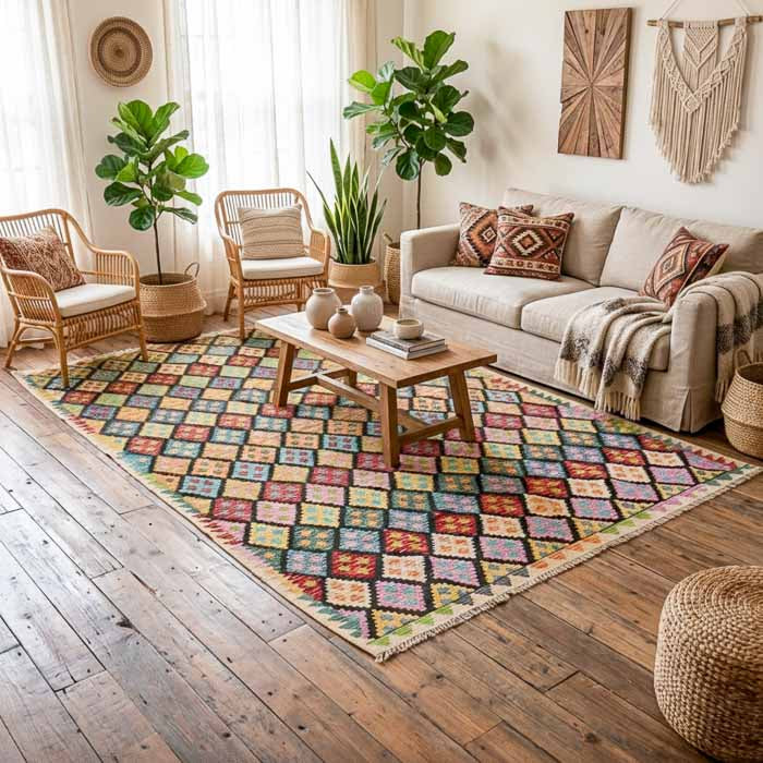 Tapete artesanal Kilim do Afeganistão com padrão geométrico de losangos coloridos em trama plana manual sobre piso de madeira.